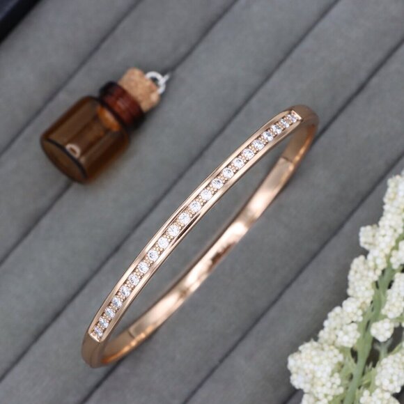 Elegant Rose Gold Bangle with CZ Stones in Sleek Minimal Design, XPBL0415 - Picture 10 of 11